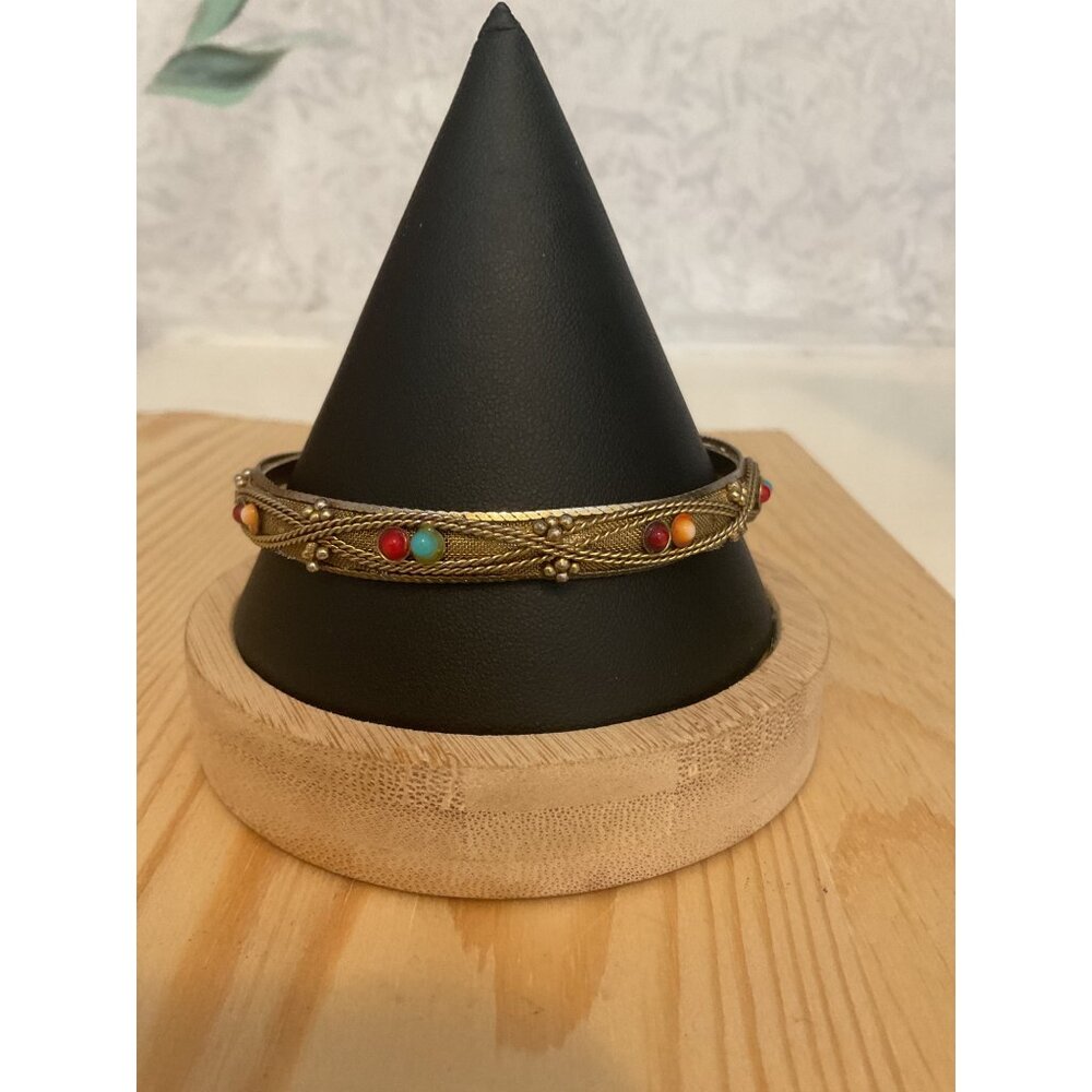 Antique Gold-Tone Indian-Inspired Bangle Bracelet With Colorful Beads